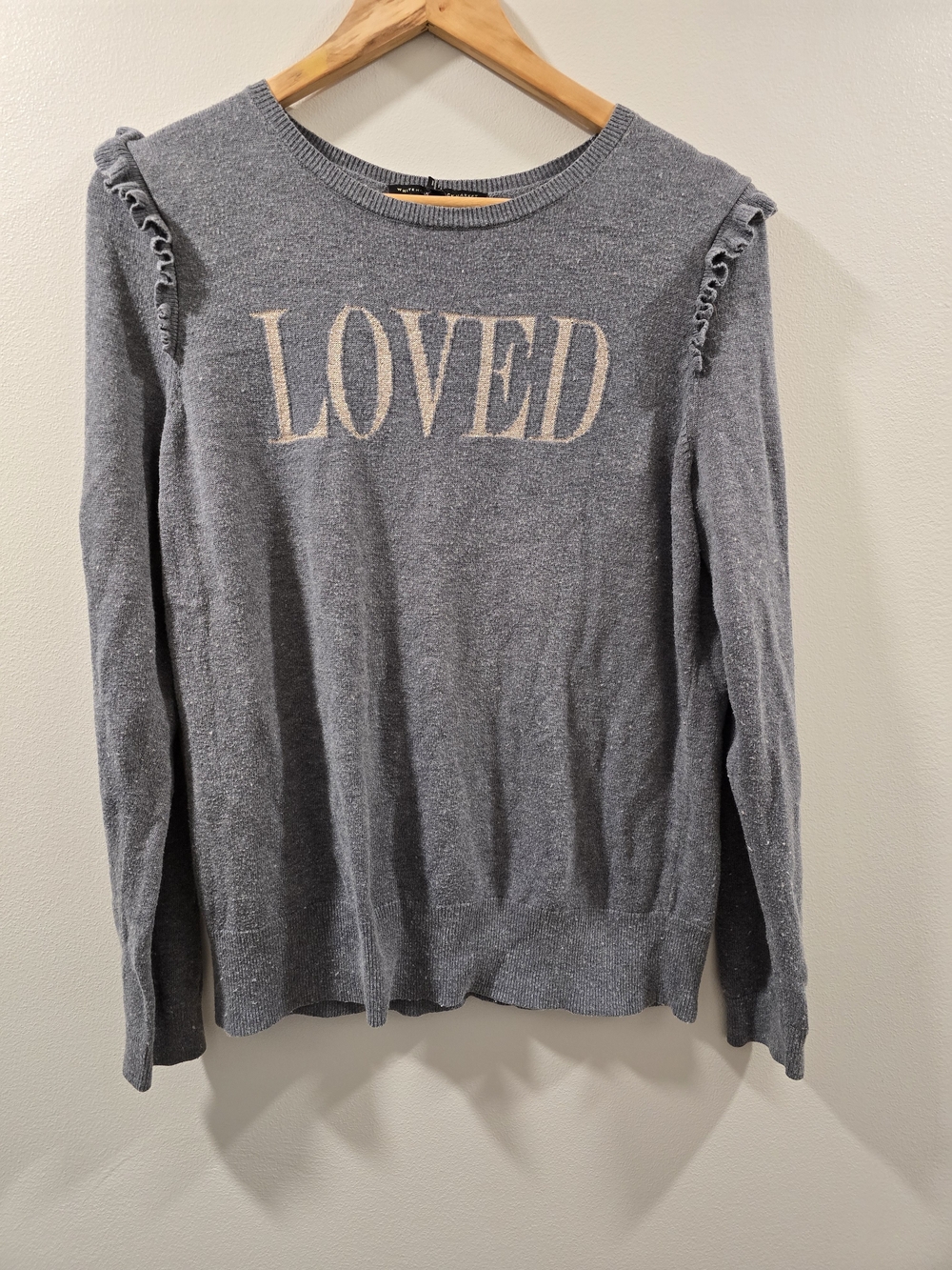 White House Black Market Grey "LOVED" Ruffle Shoulder Sweater - XL